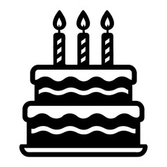 Simple Black and White Birthday Cake Outline Icon with Candles - Celebration and Party Symbol Vector
