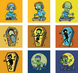 Cartoon Zombies Illustration Set Featuring Dj Zombie And Coffin Zombie Character