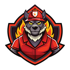 Firefighter mascot logo design vector featuring a modern and fierce canine character in firefighter attire with flames in the background
