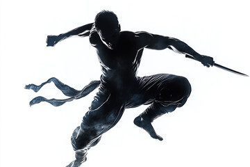 Man leaping forward with a dagger silhouette