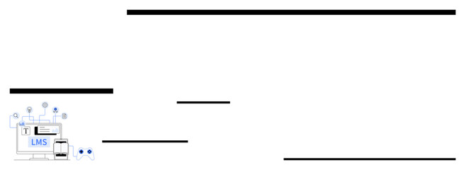 Modular LMS interface connected to laptop, phone, and server icons, showcasing digital education. Ideal for e-learning, education management, technology, training, online courses distant education