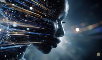 A closeup of an African woman's face made of glowing pixels with digital data streams coming out of her head. Concept of AI artificial intelligence, cyberspace, metaverse.  