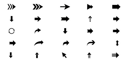 Set of black arrow icons. Various packaging symbols. Motion pointers. Site and player control buttons. Flat style logos. Information pointers. Wayfinding directions. Modern simple vector arrows.