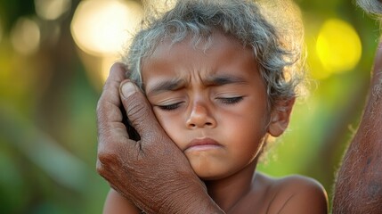 A young child's face cradled in an adult's hand.
