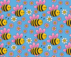 Cute little bee and flower pattern, Hawaii style, seamless pattern, suitable for fashion design, decoration, fabric, wallpaper and printing on light blue background.