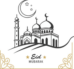 Elegant Eid Mubarak Greeting with Mosque and Crescent Moon Illustration