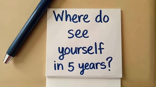 A stack of white cards with the question "Where do you see yourself in 5 years?" in blue text, next to a pen, on a office desk