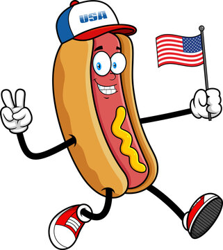 Naklejki Hot Dog Cartoon Character Running with American Flag With Peace Gesture