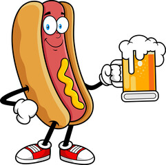 Hot Dog Cartoon Mascot Character Smiling And Holding Mug Of Beer