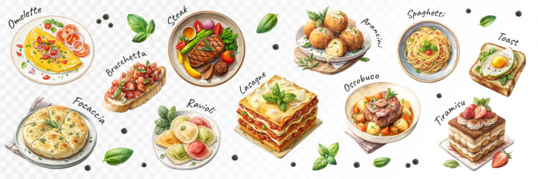 Naklejki Hand-drawn watercolor delicious traditional Italian food dishes with realistic texture and vibrant colors. Vector illustration