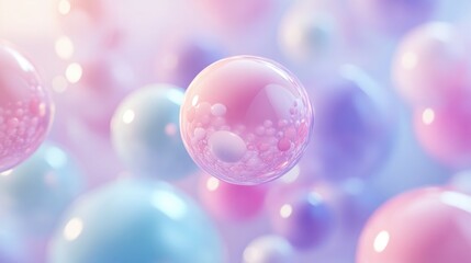 Colorful Soap Bubbles with Bokeh Effect.Geometric shapes. Pastel spheres abstract background