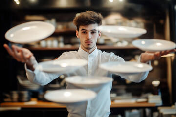 Young male waiter with a trendy haircut balancing multiple plates in a busy restaurant, dynamic motion.