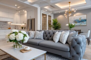 an elegant living room and kitchen in London, showcasing gray sofas with silver metal accents, crystal chandeliers hanging above the table