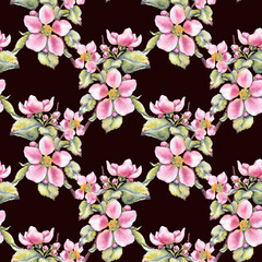 Watercolor illustration of pink apple blossoms with green leaves seamless pattern on white. Suitable for eco cosmetics, floral packaging, seasonal branding, spring festivals, and wedding stationery