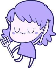 happy cartoon elf girl with knife and fork