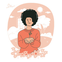 Smiling person holding seedling and soil for eco friendly lifestyle vector