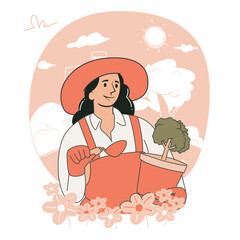 Woman holding potted tree and trowel for gardening concept vector
