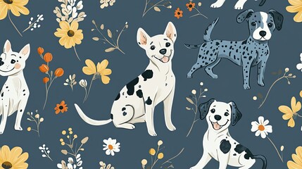 Charming canine companions amidst a floral fantasy, a seamless decorative pattern