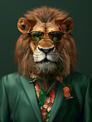 A lion standing proudly, posing like a true king, dressed in a modern business suit — an abstract portrait that fuses wild nature with sophisticated elegance.