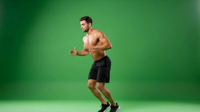 Athletic Man Jumping Fitness Workout Green Screen