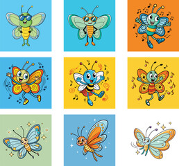 Cartoon Butterfly Character Set With Music Notes And Sparkles Vector Illustration