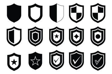 Shield Vector Icon Set. Security, Protection, Check Marks, Stars, Editable Vector Symbols on Transparent Background