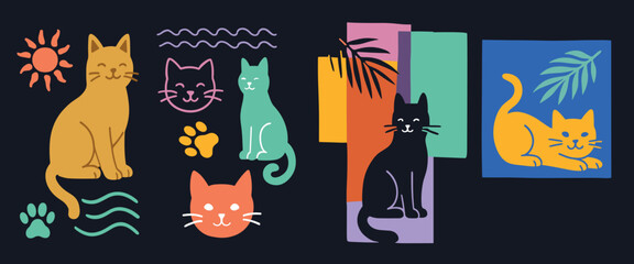Modern Cartoon Cats with Decorative Elements on Dark Background