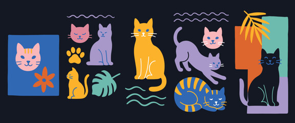 Playful Flat Style Cat Illustrations in Vibrant Modern Colors