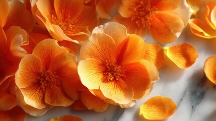 Fototapeta premium Vibrant Tropicana orange rose petals spread across a smooth white marble table