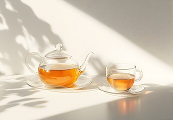 Photo of a glass teapot with dark tea next to a cup on a minimalist surface