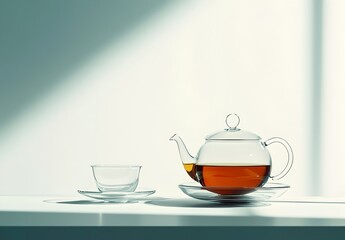Fototapeta premium Photo of a glass teapot with dark tea next to a cup on a minimalist surface