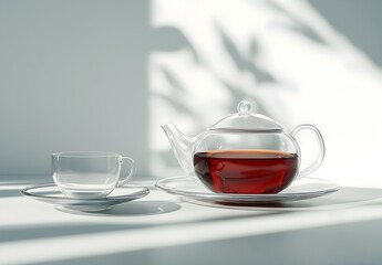 Fototapeta premium Photo of a glass teapot with dark tea next to a cup on a minimalist surface