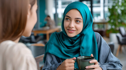Muslim Girl In Modest Wear Talking To Trusted Peer Over Tea In Calm Caf&eacute; Setting For Mental Health And Wellness Awareness Among Teens
