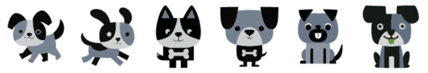 Playful Cartoon Dogs in Black and White Vector Style for Pet Stickers and Adoption Campaigns