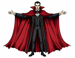 Sinister Allure: A sharply dressed vampire, with a red cape, extends his arms, an imposing figure exuding an air of aristocratic charm with a hint of mystery.