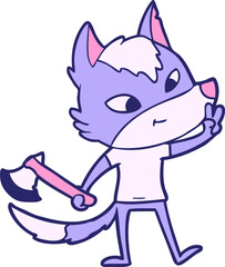 friendly cartoon wolf giving peace sign