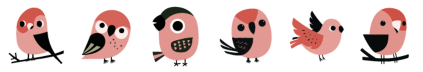 Round Cartoon Birds in Red and Pink Flat Vector Style for Preschool Games and Counting Activities
