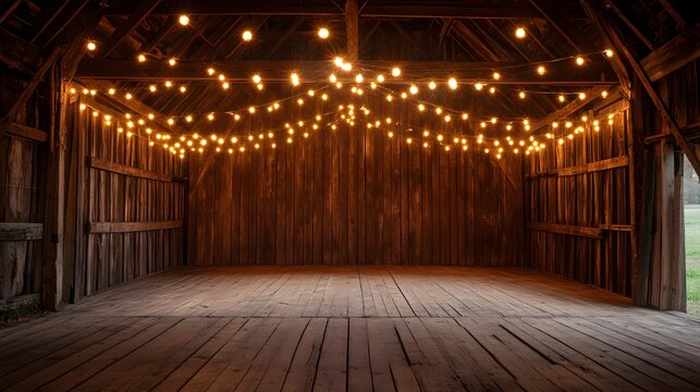 A rustic wooden theater stage in an old barn with ambient string lights