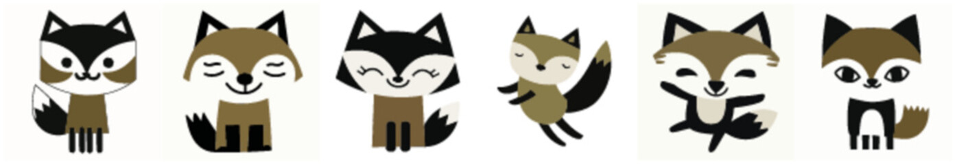 Cute Cartoon Foxes and Raccoons in Minimal Vector Style for Woodland-Themed Decor