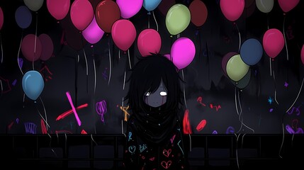 Anime illustration of solitary figure amidst deflated balloons, shrouded face, sadness.