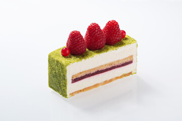 Gourmet Matcha Raspberry Layered Cake with Fresh Fruit Garnish