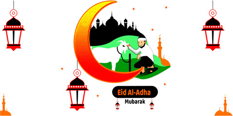 Eid al-Adha Greeting with Crescent Moon, Mosque, And Goat Illustration