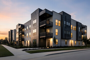 Obraz premium Modern apartment complex with clean lines, matte black and light grey panels, taken from street level