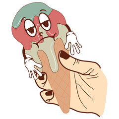 icon of a sad anthropomorphic ice cream in a waffle cone dripping down his hand, retro, vintage style