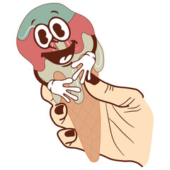 Obraz premium icon of a smiling anthropomorphic ice cream in a waffle cone dripping down his hand, retro, vintage style