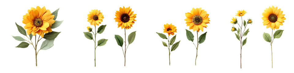 Fototapeta premium Vibrant, cheerful sunflowers with lush green leaves, perfect for floral arrangements, home decor, or wedding themes, showcasing natural beauty in a warm, sunny aesthetic.
