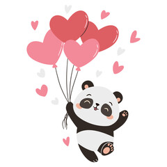 Obraz premium Flat vector illustration in a simple children's style. Cute panda flying on heart shaped balloons. Illustration for valentine's day on white background. Vector illustration
