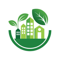 Eco conscious minimalist logo featuring sustainable buildings and greenery to promote environmentally friendly architecture and design
