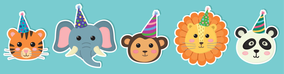 Set of stickers with funny animal faces. Cute elephant, lion, panda, monkey and tiger with party hats
