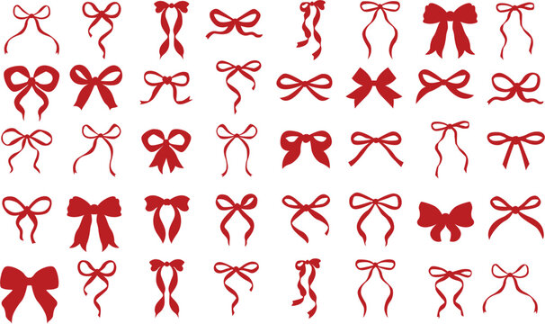 Bow ribbon pattern seamless. Vector print with white and red Christmas background. Cute crayon bows. Simple charcoal small trendy ribbon for Birthday, Christmas, Halloween. Basic doodle knot pattern	